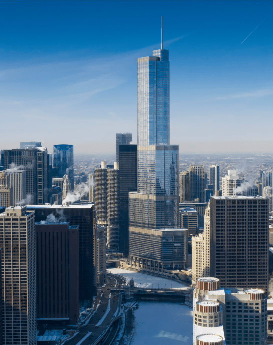 A stunning view of our beloved city, featuring Chicago's cityscape and the iconic Trump Towers, showcasing the vibrant community we proudly serve.
