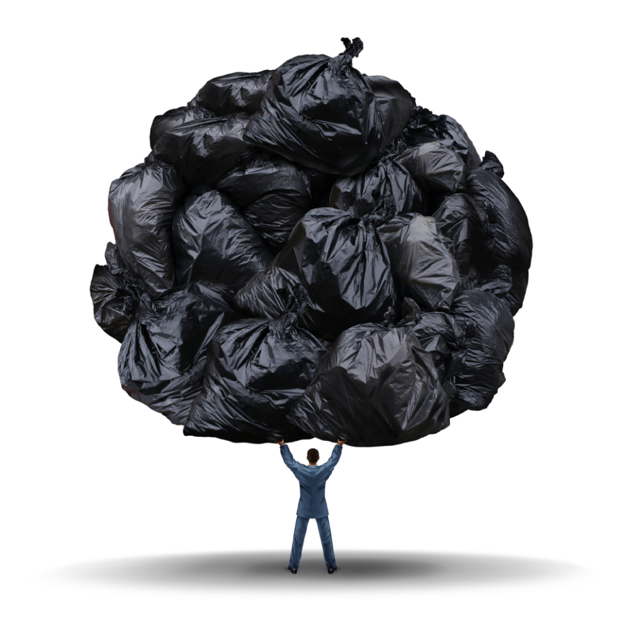 An illustrative image of a person effortlessly hoisting a large stack of trash bags, symbolizing the strength and capacity of our service.